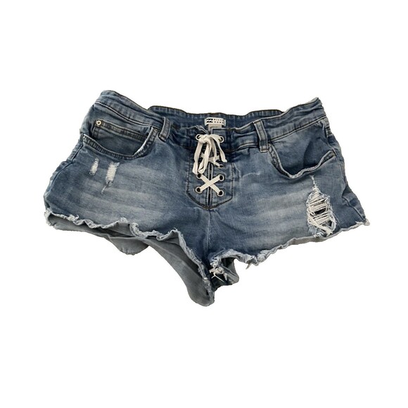 Billabong Jean Shorts Lite Hearted Lace Up Front Distressed Cut Off Size 27 Mini - Picture 1 of 10